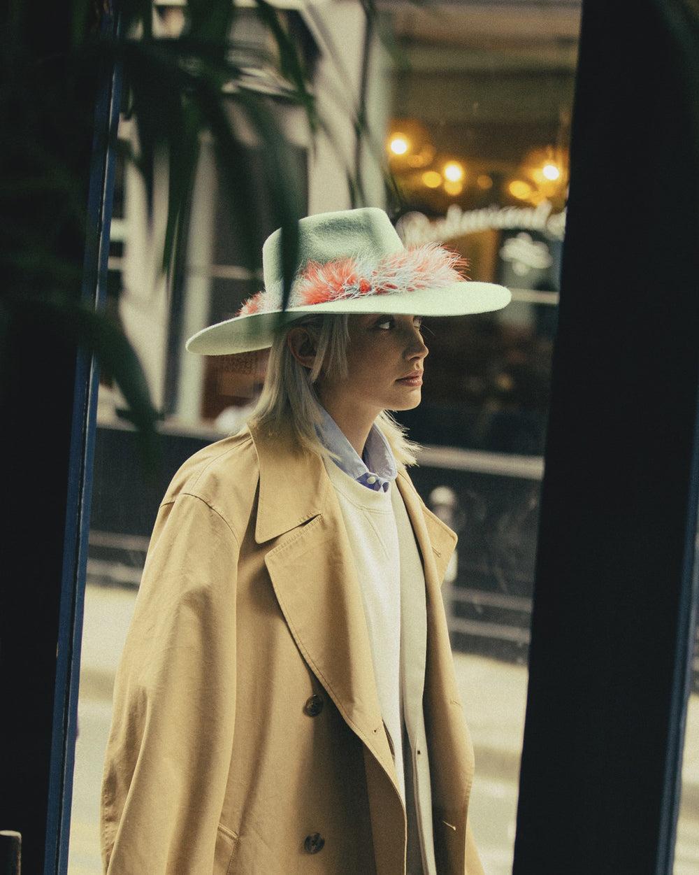 Anthony Peto Dusko Wide Brim Plumes Pistache;;;Crimson