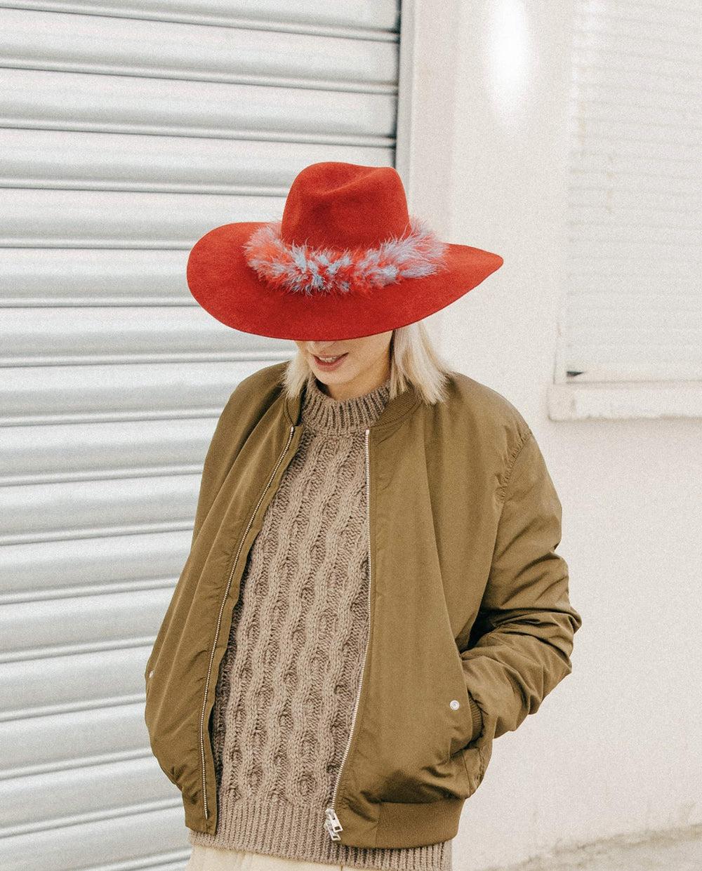 Anthony Peto Dusko Wide Brim Plumes Pistache;;;Crimson