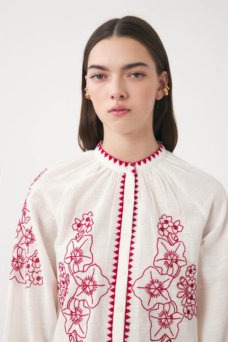 Antik Batik Blouse Blanche Brodée En Coton-lin