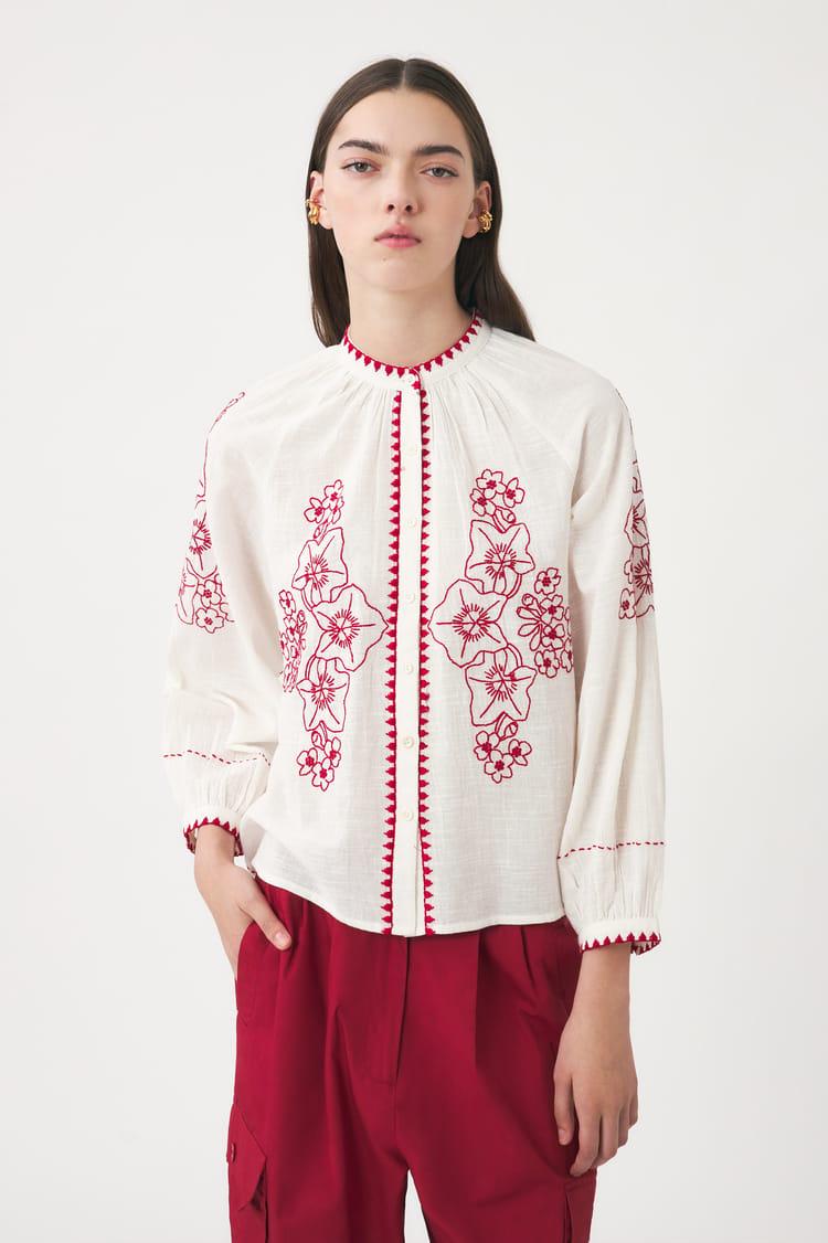 Antik Batik Blouse Blanche Brodée En Coton-lin