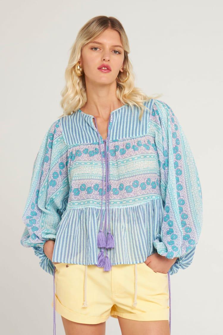 Antik Batik Blouse Casual Boho Chic Bleue