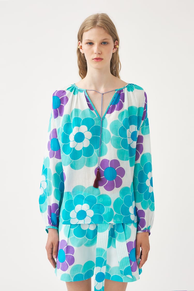 Antik Batik Blouse Fluide Bleue En Gaze De Coton