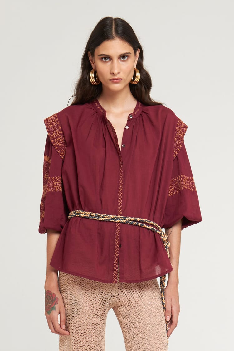antik batik Blouse marron brodée