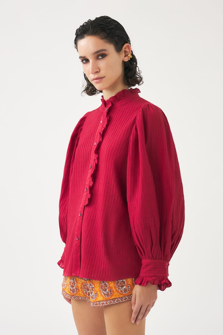 antik batik Blouse rouge cerise en crêpe de Coton