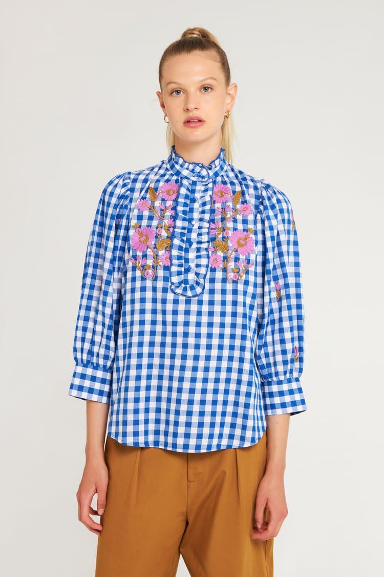 Antik Batik Blouse Vichy Brodée En Coton Bleue
