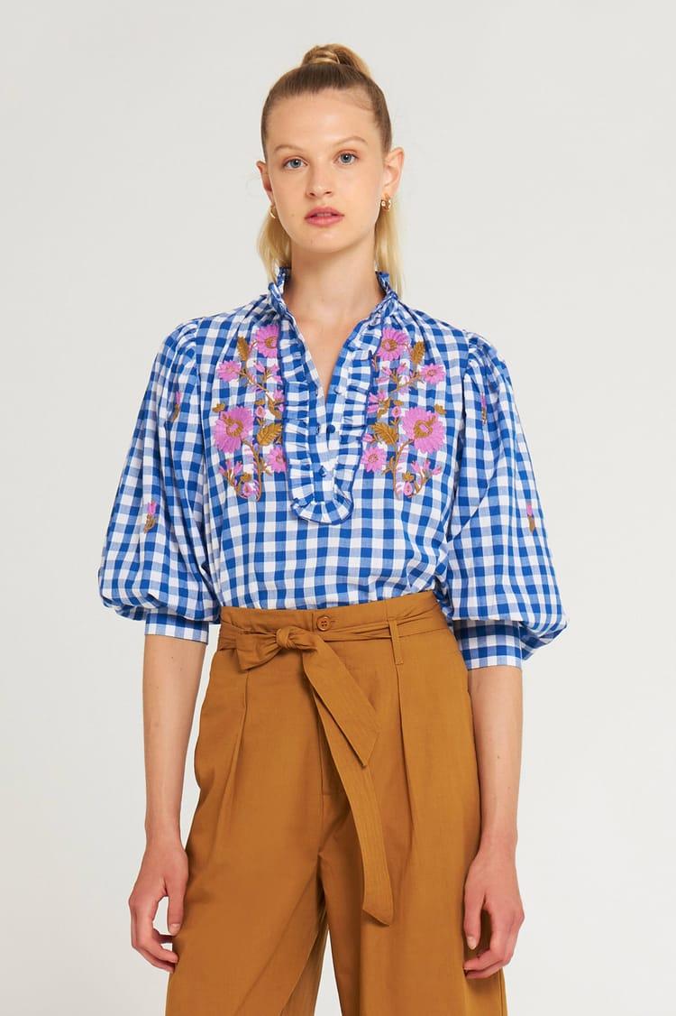 antik batik Blouse Vichy brodée en Coton bleue