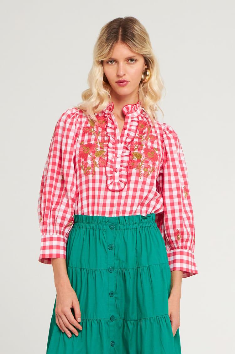 Antik Batik Blouse Vichy Brodée En Coton Rouge