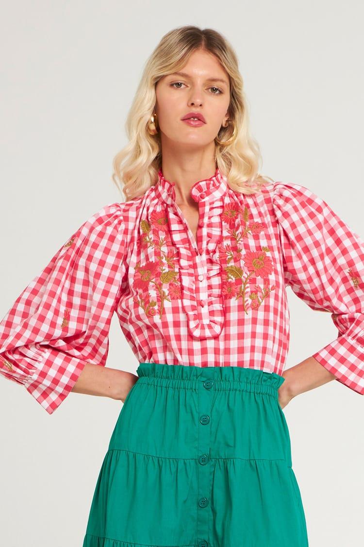 antik batik Blouse Vichy brodée en Coton rouge