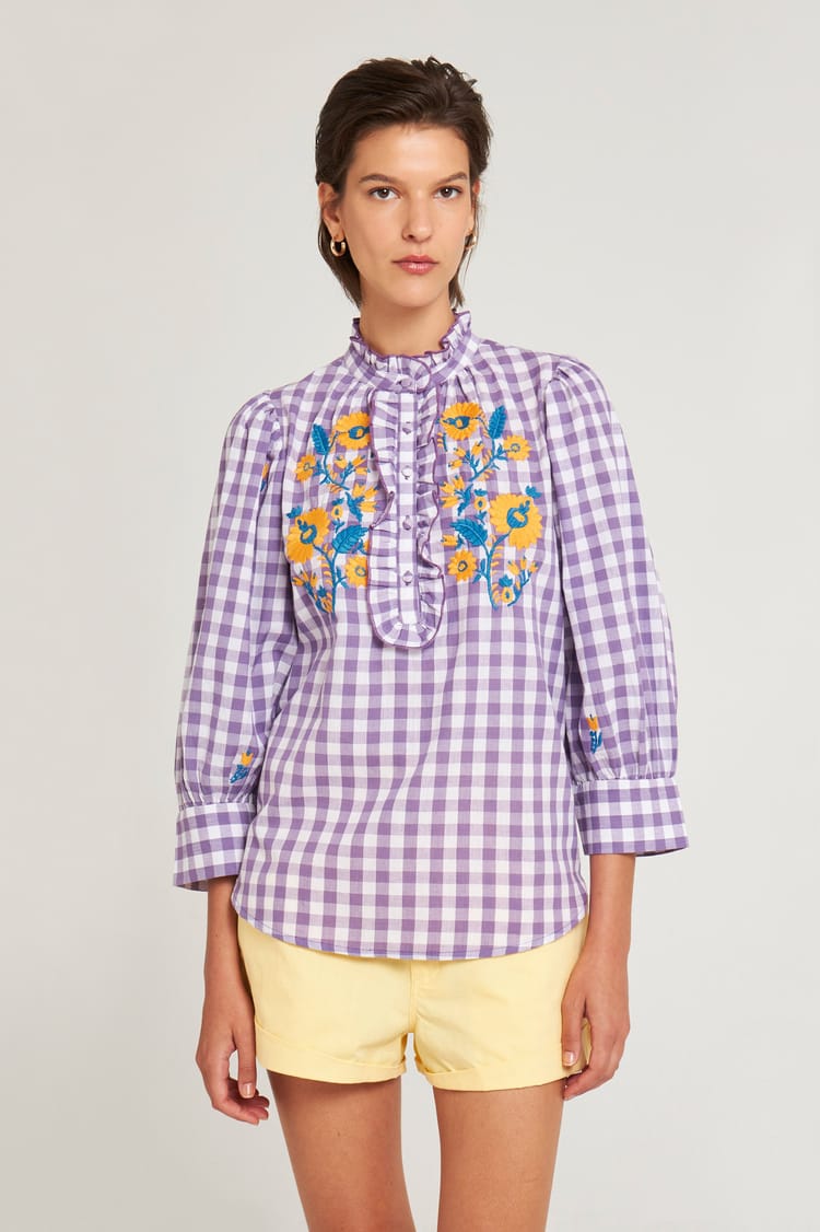 Antik Batik Blouse Vichy Brodée En Coton Violet