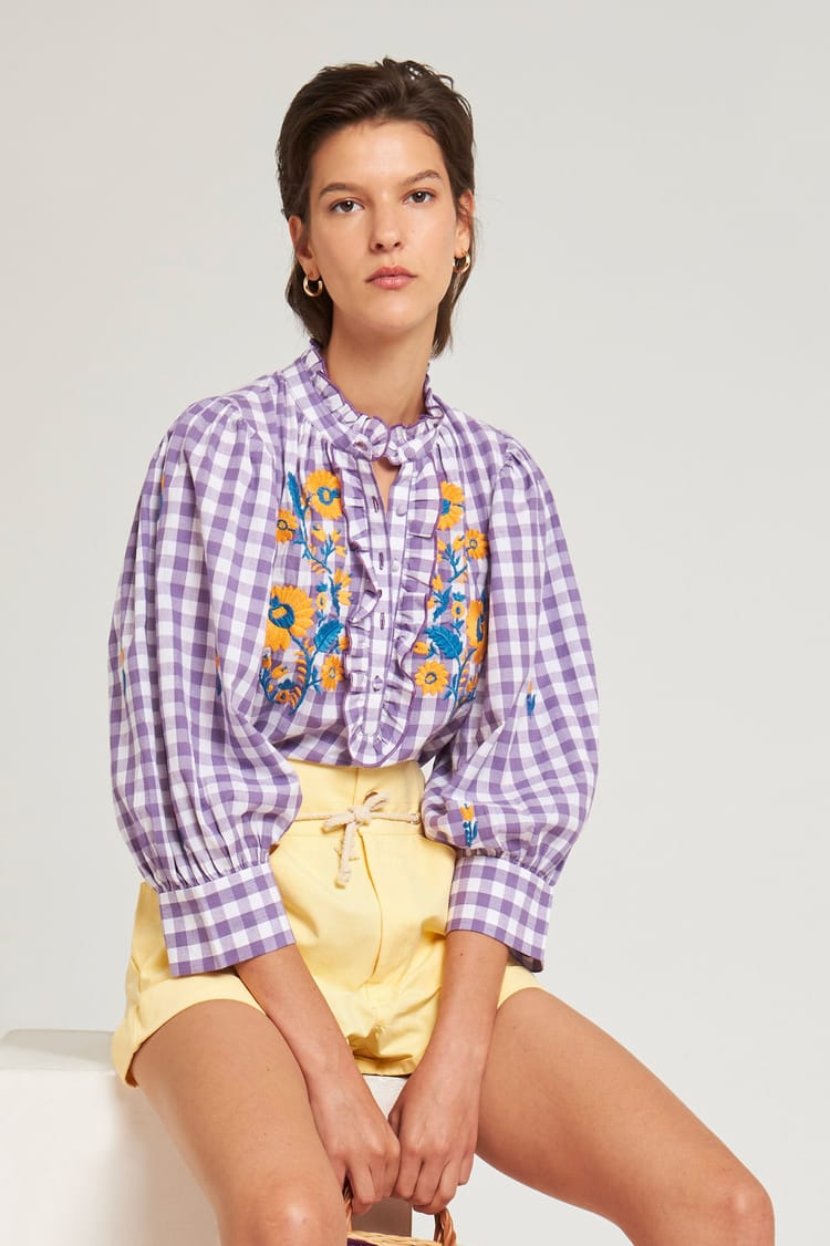 antik batik Blouse Vichy brodée en Coton violet