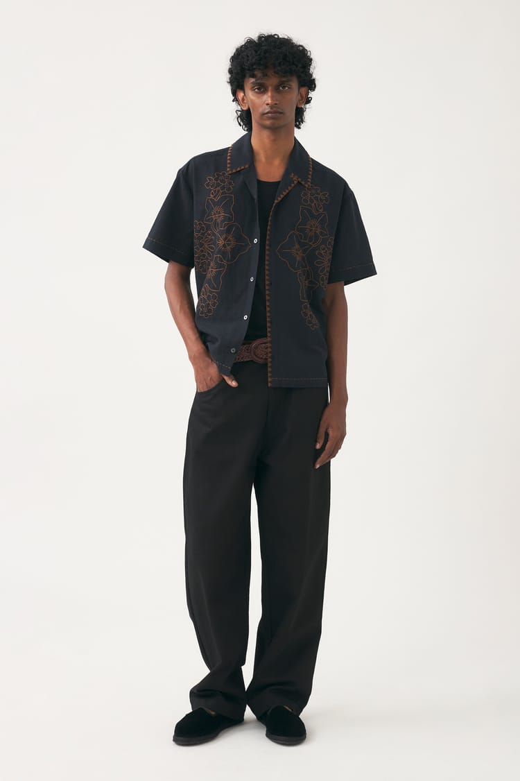 Antik Batik Chemise Noire Brodée En Coton-lin