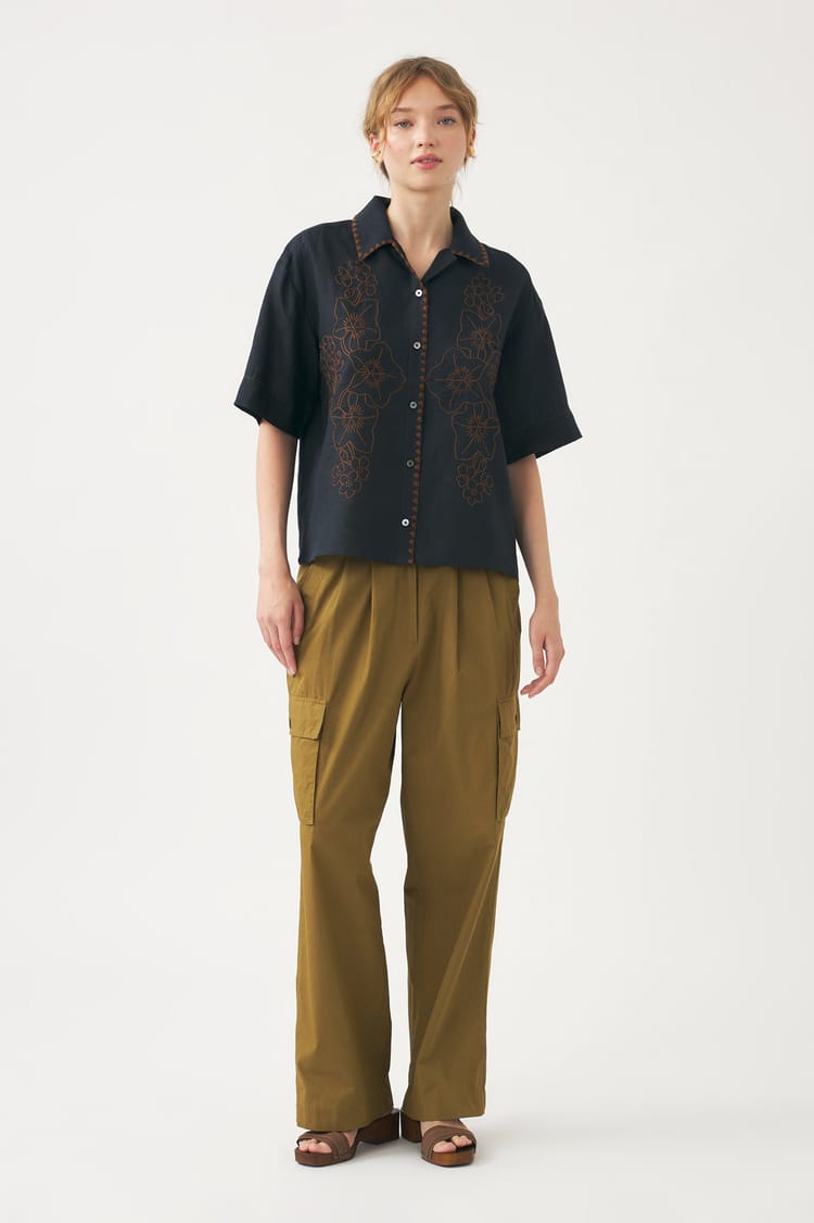 antik batik Chemiser noir brodée en coton-lin