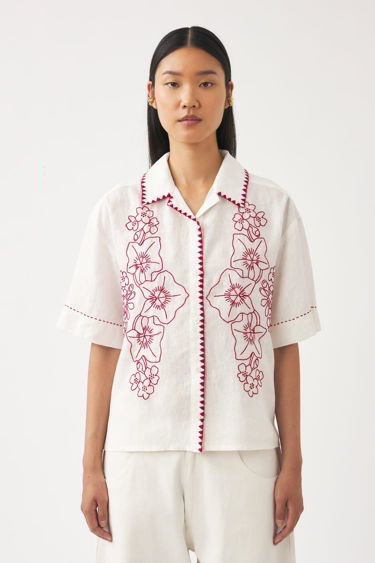 Antik Batik Chemisier Blanc Brodée En Coton-lin