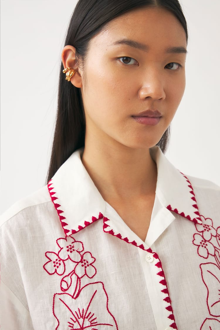 Antik Batik Chemisier Blanc Brodée En Coton-lin