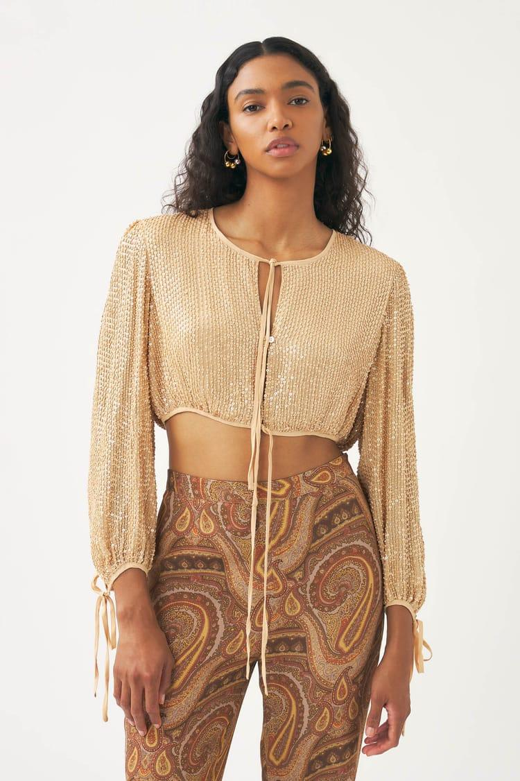 Antik Batik Crop Top Beige Brodé De Sequins