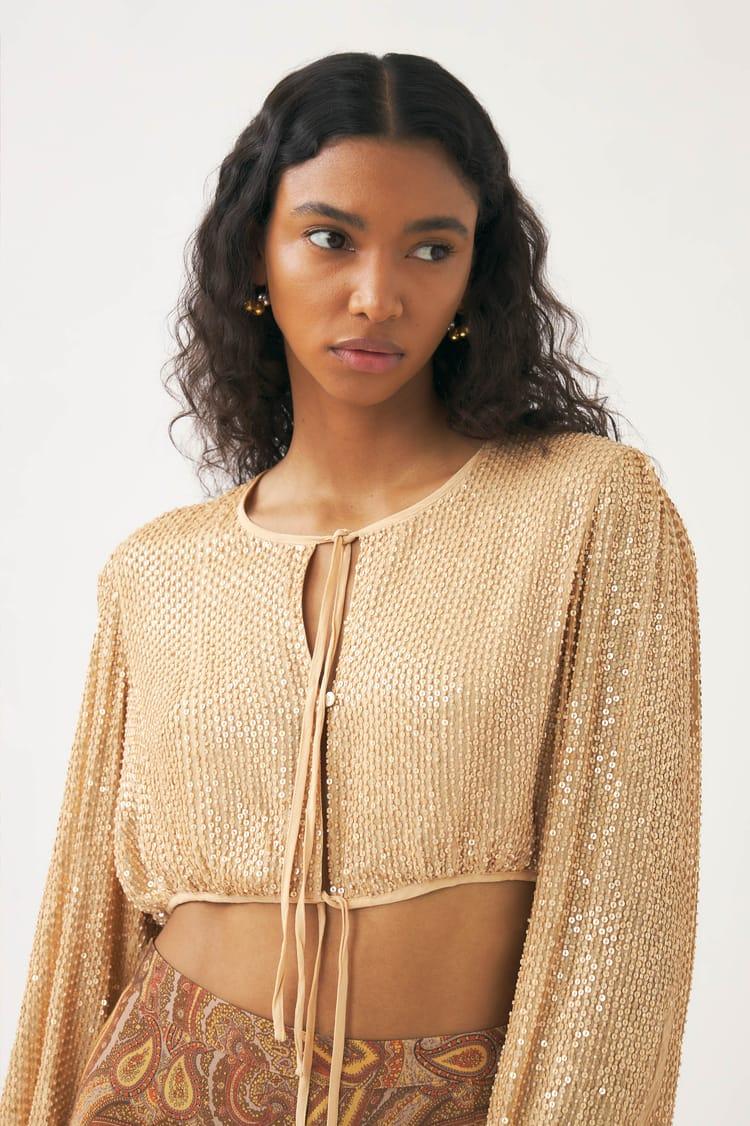Antik Batik Crop Top Beige Brodé De Sequins
