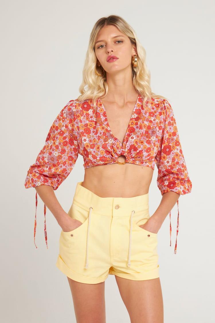 antik batik Crop top rose fleuri en voile de Coton