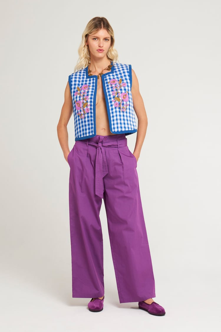 Antik Batik Gilet Vichy Brodé En Coton Bleu