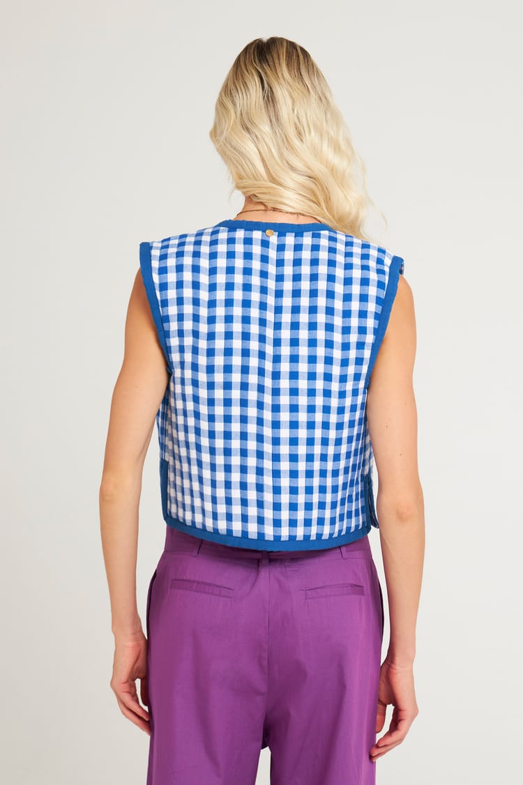 Antik Batik Gilet Vichy Brodé En Coton Bleu