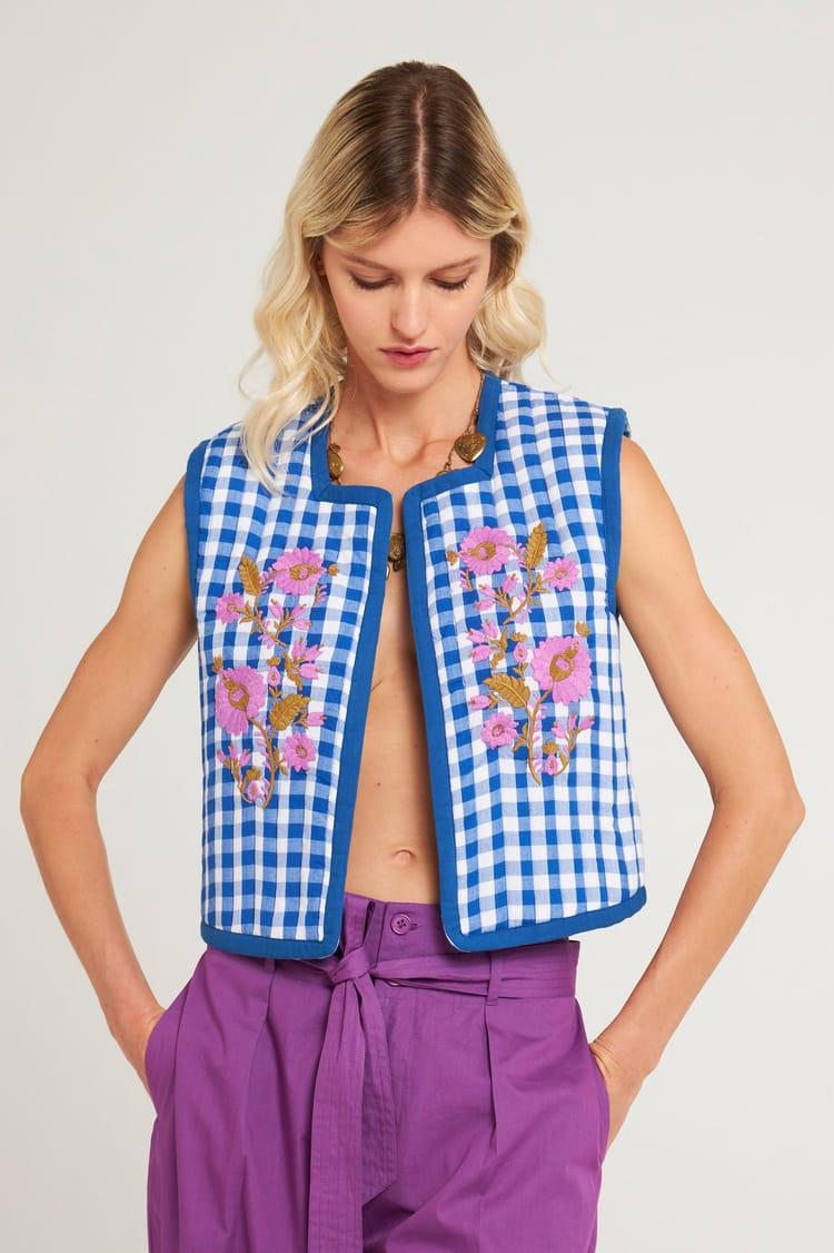 antik batik Gilet Vichy brodé en Coton bleu