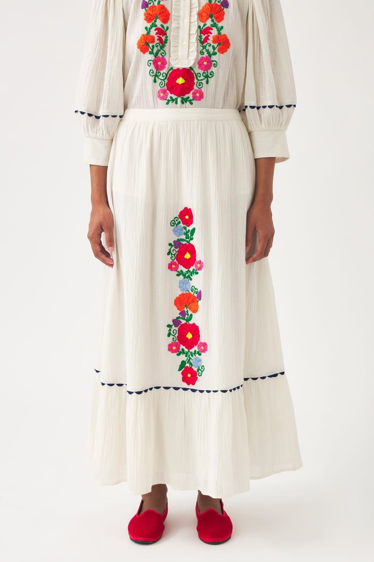 Antik Batik Jupe Brodée De Fleurs Colorées