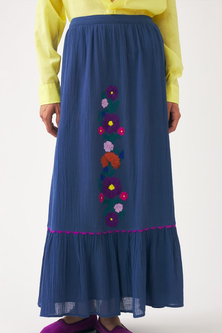 Antik Batik Jupe Brodée De Fleurs Colorées