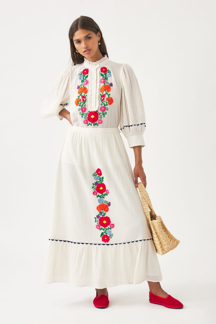 antik batik Jupe brodée de fleurs colorées