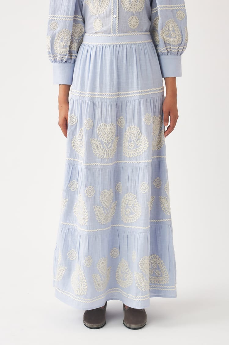 Antik Batik Jupe Longue Bleue Broderie Hongroise