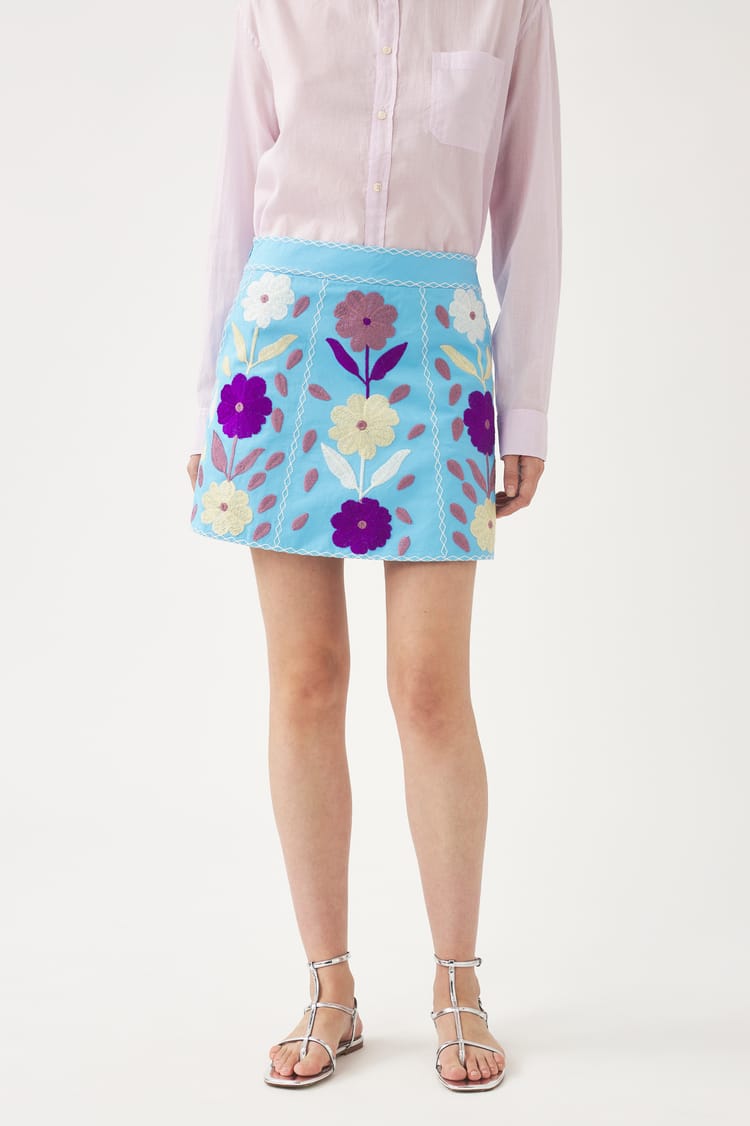 Antik Batik Mini-jupe En Coton Brodée Bleue