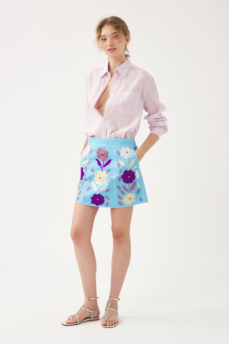 antik batik Mini-jupe en coton brodée bleue