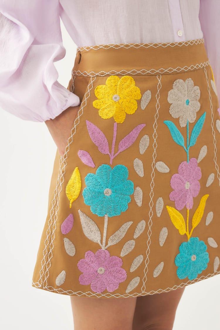 Antik Batik Mini-jupe En Coton Brodée Camel