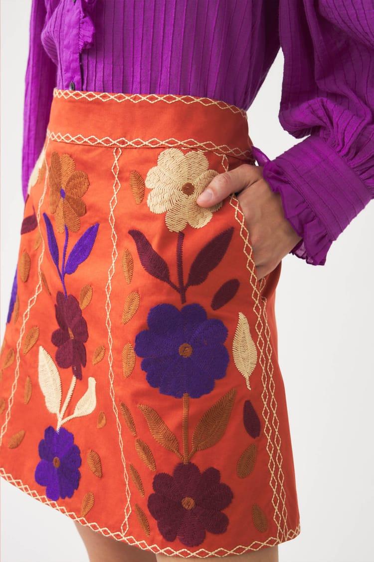 Antik Batik Mini-jupe En Coton Brodée Orange
