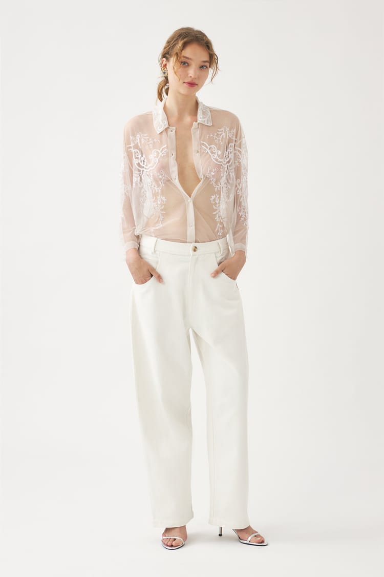 Antik Batik Pantalon Blanc Brodée En Coton-lin