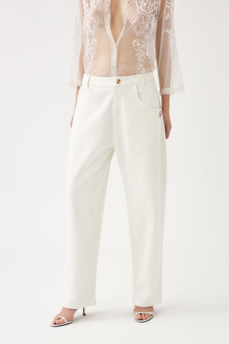 Antik Batik Pantalon Blanc Brodée En Coton-lin