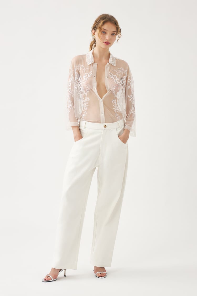 antik batik Pantalon blanc brodée en coton-lin