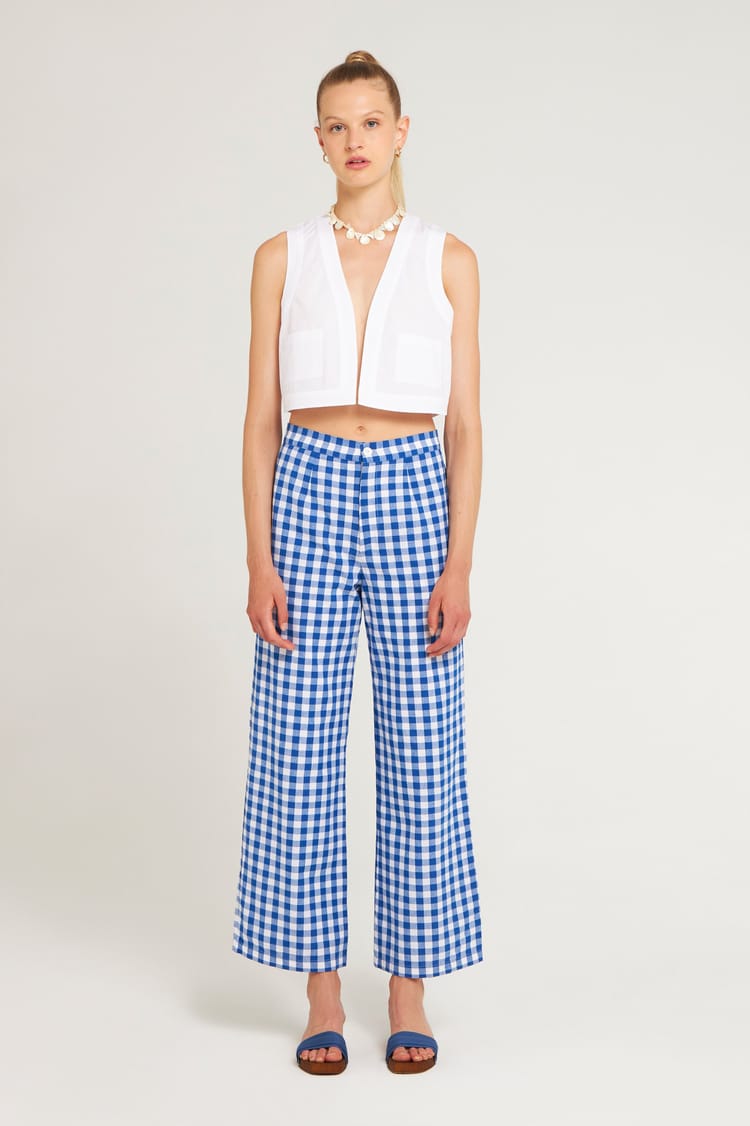 Antik Batik Pantalon Vichy Brodé En Coton Bleu