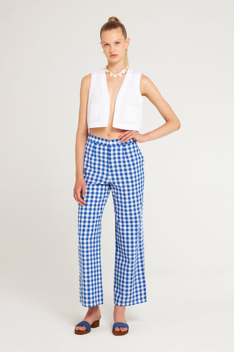 antik batik Pantalon Vichy brodé en Coton bleu