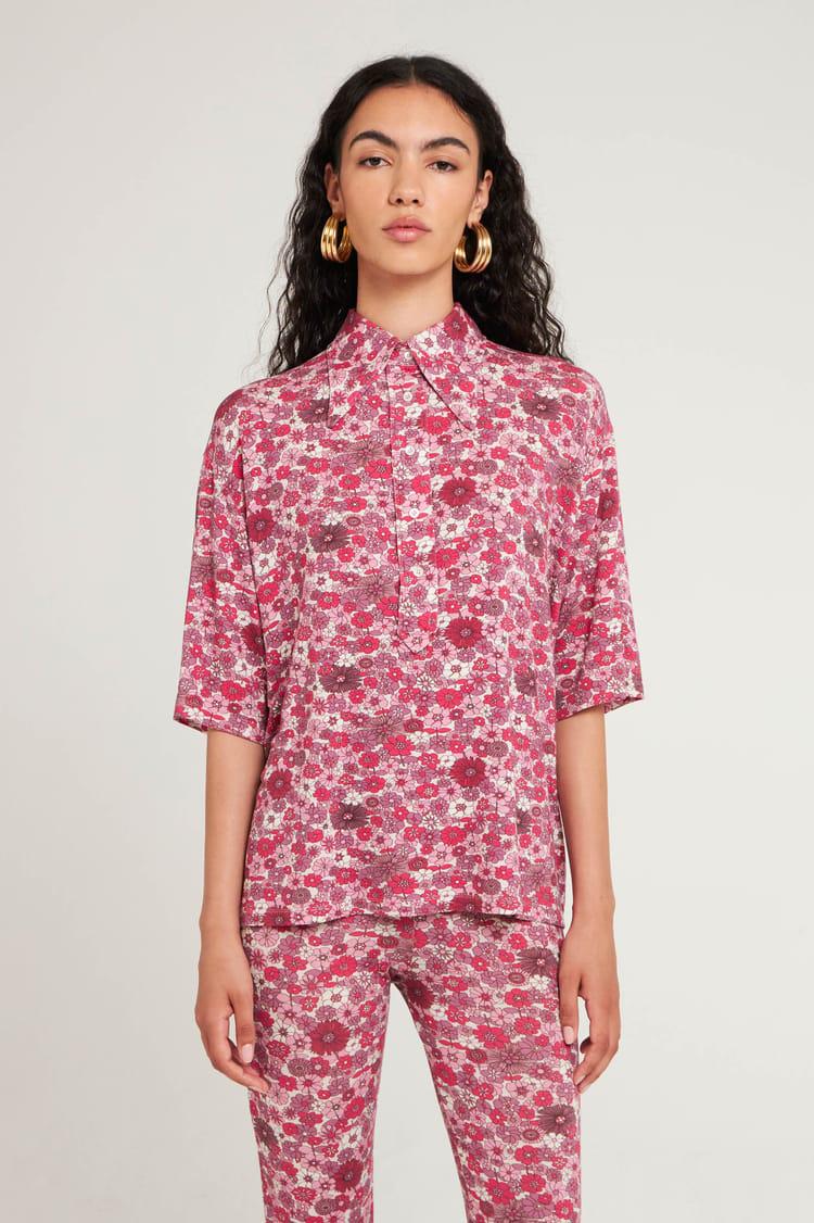 antik batik Polo large imprimé fleuri rose