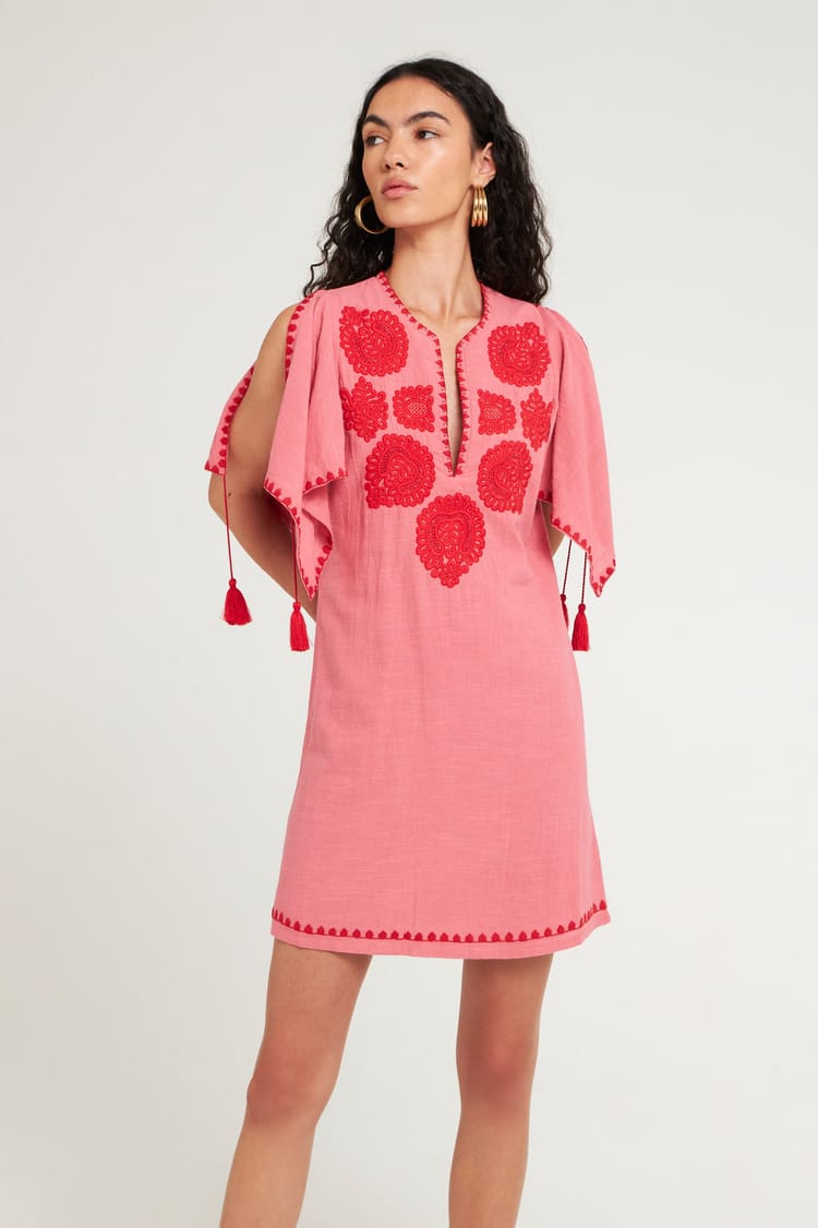 Antik Batik Robe Courte Corail Brodée En Coton