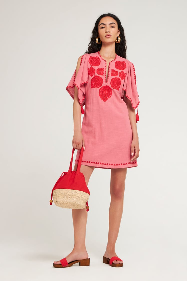 Antik Batik Robe Courte Corail Brodée En Coton