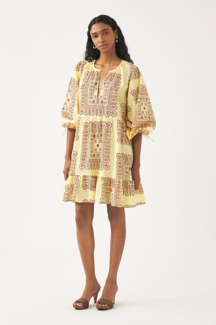 Antik Batik Robe Courte Jaune En Voile De Coton