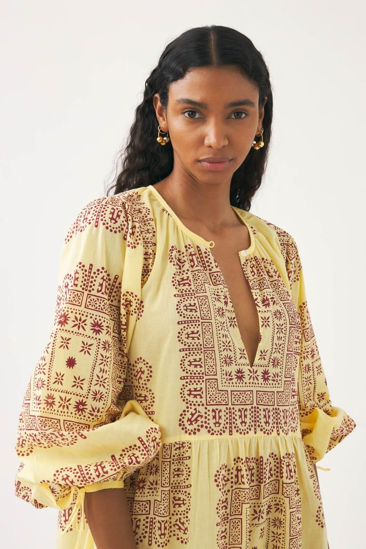 Antik Batik Robe Courte Jaune En Voile De Coton