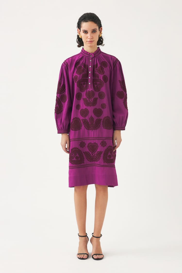 Antik Batik Robe Courte Magenta Broderie Hongroise