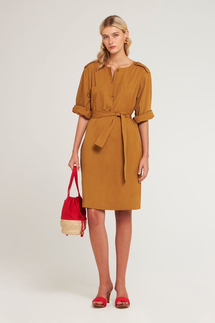 antik batik Robe droite en Popeline de Coton kaki