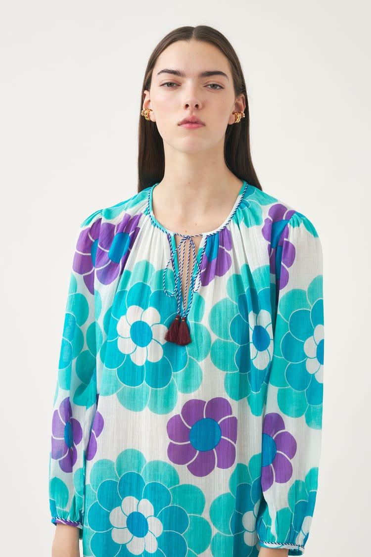 Antik Batik Robe Fluide Bleue En Gaze De Coton