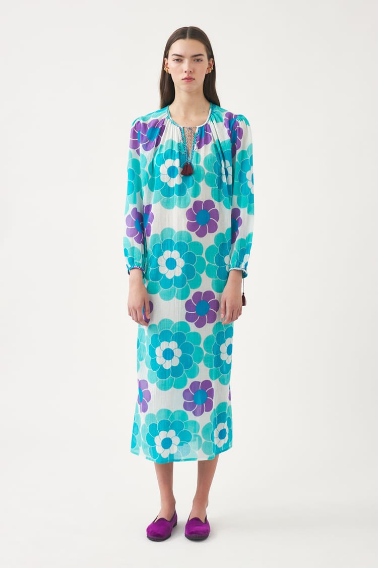 Antik Batik Robe Fluide Bleue En Gaze De Coton