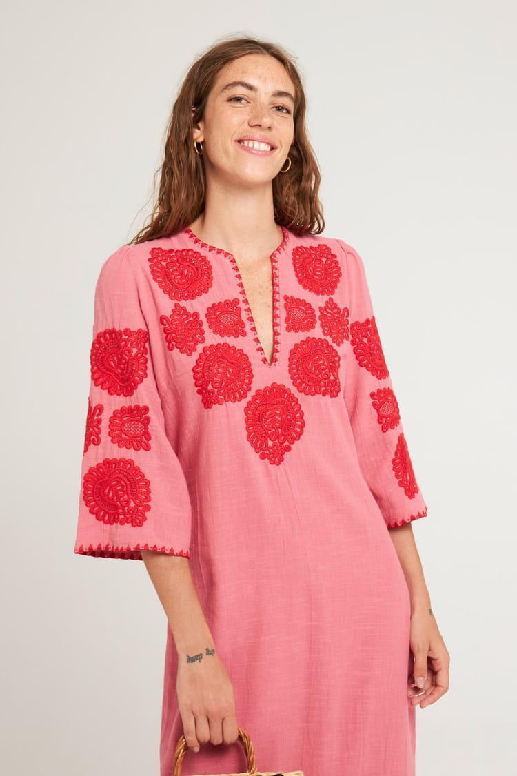 Antik Batik Robe Longue Corail Brodée En Coton