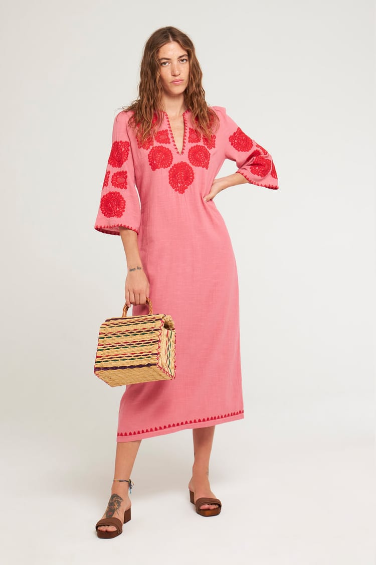Antik Batik Robe Longue Corail Brodée En Coton
