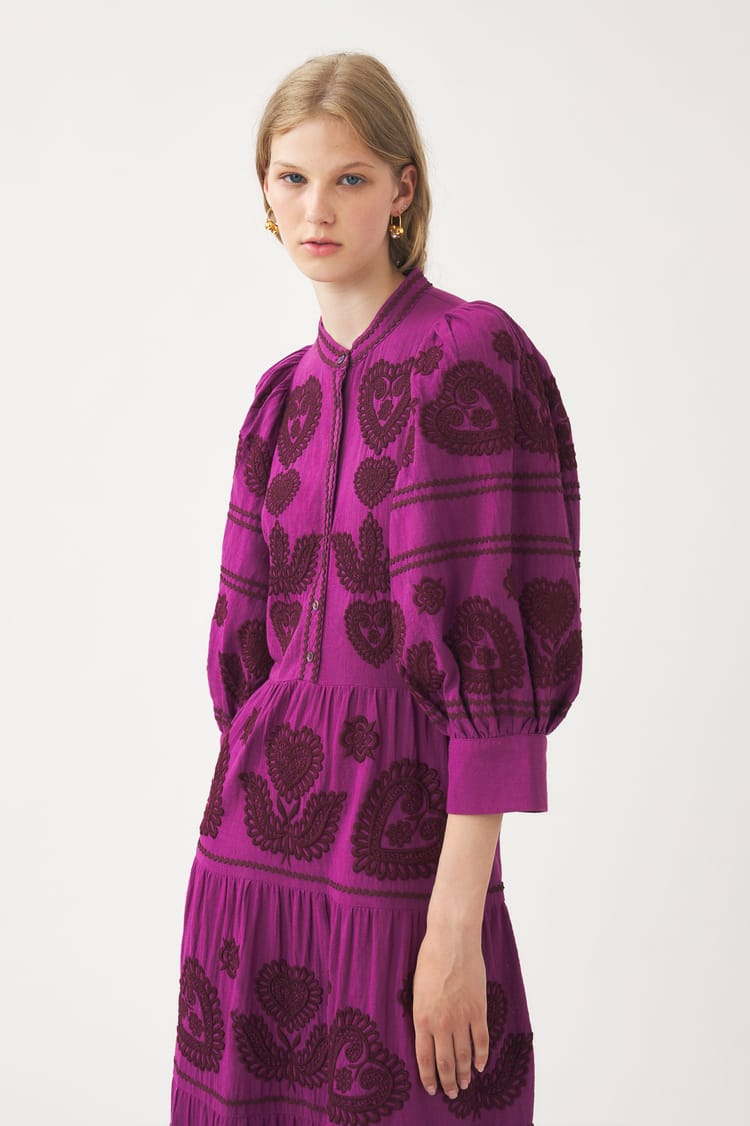 Antik Batik Robe Longue Magenta Broderie Hongroise