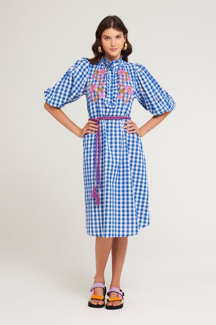 Antik Batik Robe Vichy Brodée En Coton Bleue